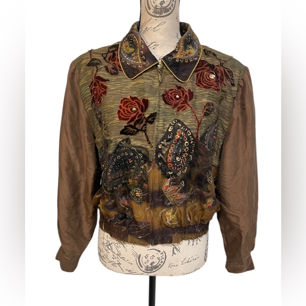 Ruby Cho Silk Appliqué Bomber Jacket Beaded Floral Art Jacket L